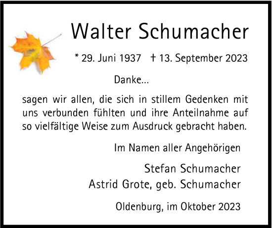Traueranzeige von Walter Schumacher von Nordwest-Zeitung