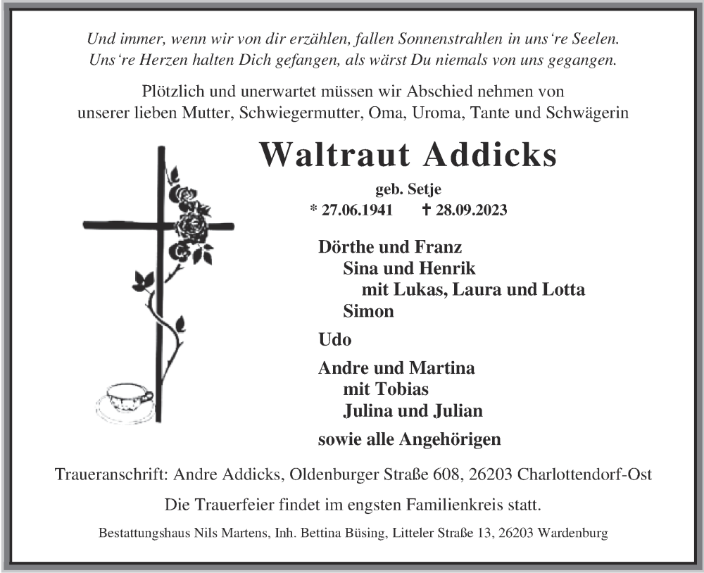  Traueranzeige für Waltraut Addicks vom 06.10.2023 aus Nordwest-Zeitung