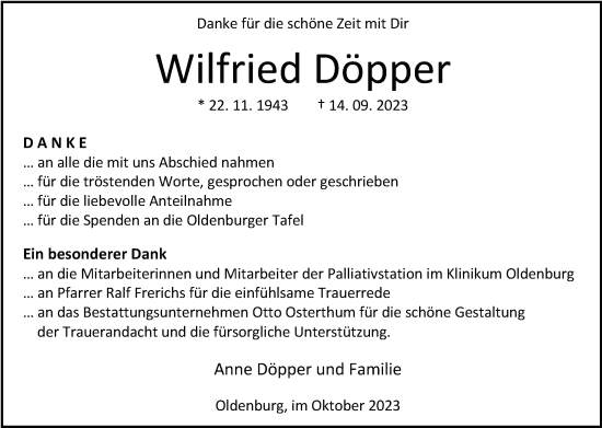 Traueranzeige von Wilfried Döpper von Nordwest-Zeitung
