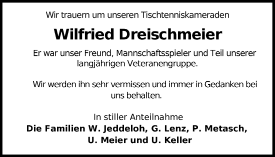 Traueranzeige von Wilfried Dreischmeier von Nordwest-Zeitung