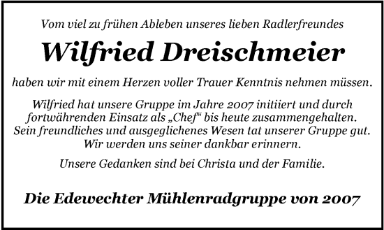 Traueranzeige von Wilfried Dreischmeier von Nordwest-Zeitung