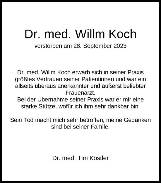 Traueranzeige von Willm Koch von Nordwest-Zeitung