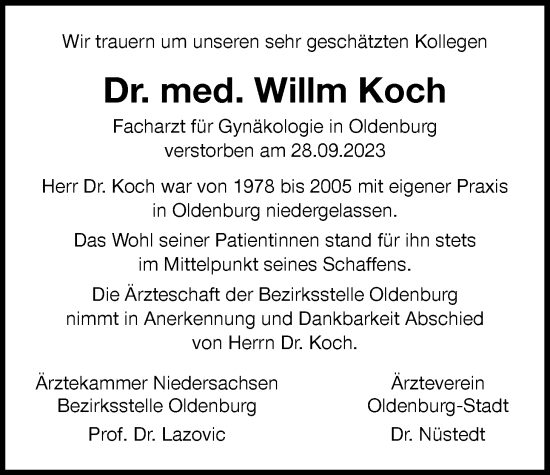 Traueranzeige von Willm Koch von Nordwest-Zeitung