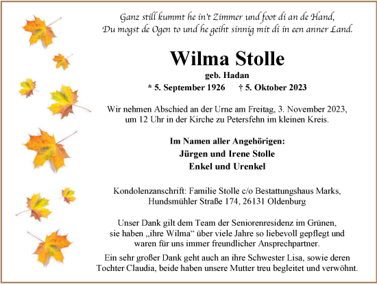Traueranzeige von Wilma Stolle von Nordwest-Zeitung