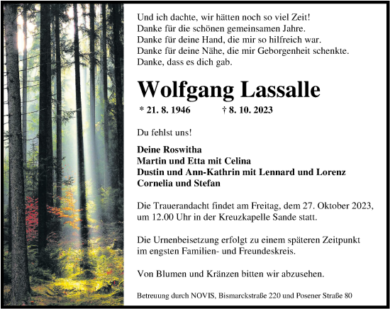 Traueranzeige von Wolfgang Lassalle von WZ/JW/AH
