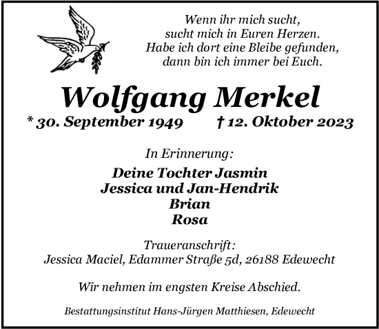 Traueranzeige von Wolfgang Merkel von Nordwest-Zeitung