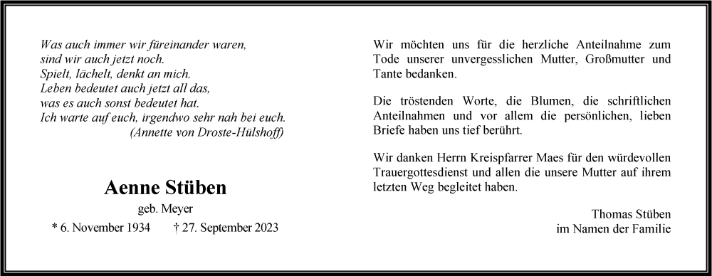  Traueranzeige für Aenne Stüben vom 11.11.2023 aus Nordwest-Zeitung
