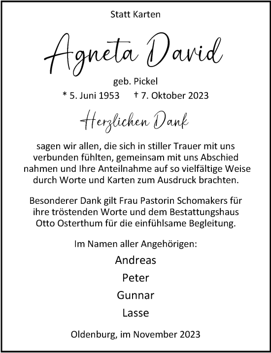 Traueranzeige von Agneta David von Nordwest-Zeitung
