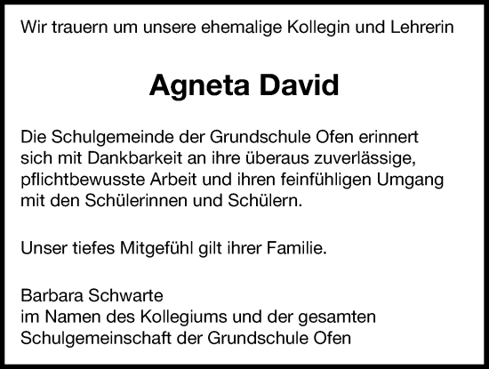 Traueranzeige von Agneta David von Nordwest-Zeitung