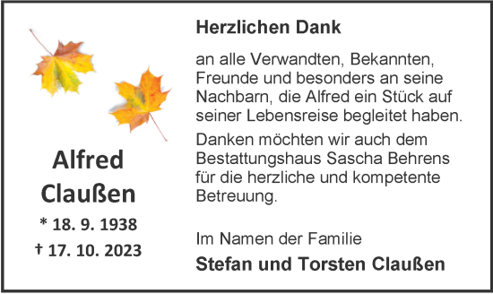 Traueranzeige von Alfred Claußen von Nordwest-Zeitung