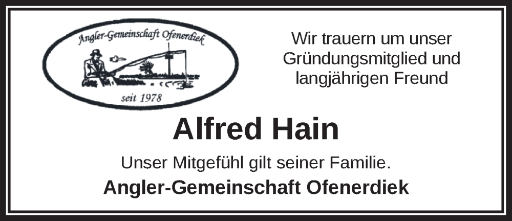  Traueranzeige für Alfred Hain vom 24.11.2023 aus Nordwest-Zeitung