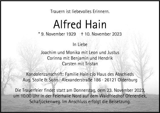 Traueranzeige von Alfred Hain von Nordwest-Zeitung