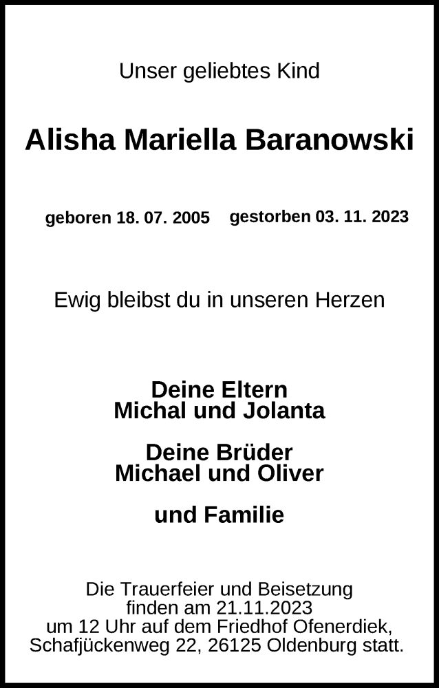  Traueranzeige für Alisha Mariella Baranowski vom 15.11.2023 aus Nordwest-Zeitung