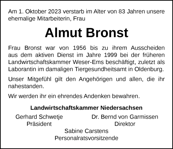 Traueranzeige von Almut Bronst von Nordwest-Zeitung