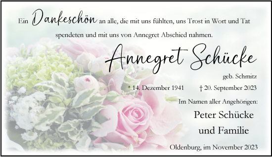 Traueranzeige von Annegret Schücke von Nordwest-Zeitung