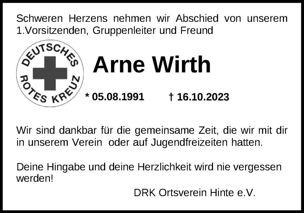  Traueranzeige für Arne Wirth vom 04.11.2023 aus Emder Zeitung
