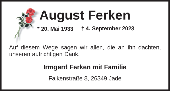 Traueranzeige von August Ferken von Nordwest-Zeitung