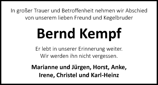 Traueranzeige von Bernd Kempf von Nordwest-Zeitung