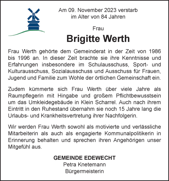 Traueranzeige von Brigitte Werth von Nordwest-Zeitung