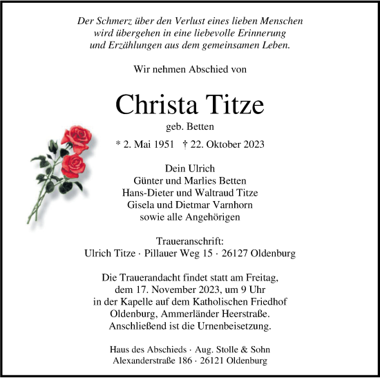 Traueranzeige von Christa Titze von Nordwest-Zeitung