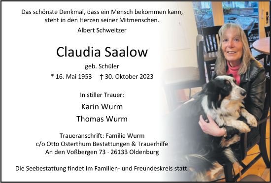 Traueranzeige von Claudia Saalow von WZ/JW/AH