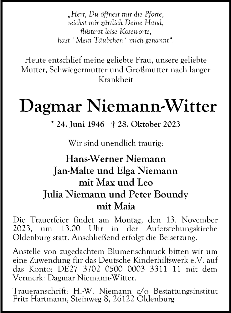  Traueranzeige für Dagmar Niemann-Witter vom 08.11.2023 aus Nordwest-Zeitung