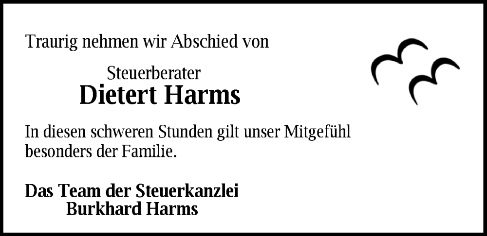 Traueranzeigen von Dietert Harms nordwesttrauer.de