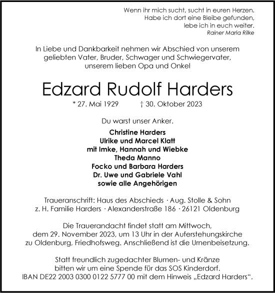 Traueranzeige von Edzard Harders von Nordwest-Zeitung