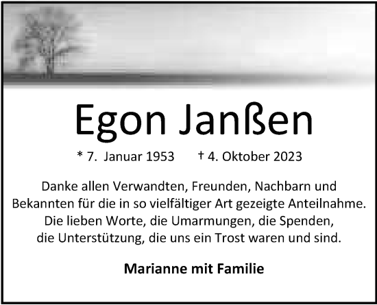 Traueranzeige von Egon Janßen von Nordwest-Zeitung