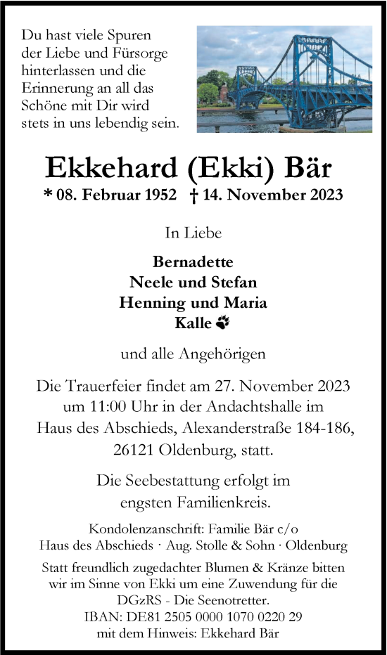 Traueranzeige von Ekkehard Bär von Nordwest-Zeitung