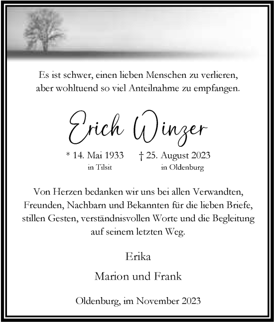 Traueranzeige von Erich Winzer von Nordwest-Zeitung