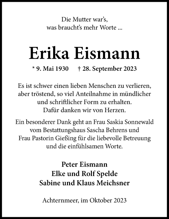 Traueranzeige von Erika Eismann von Nordwest-Zeitung