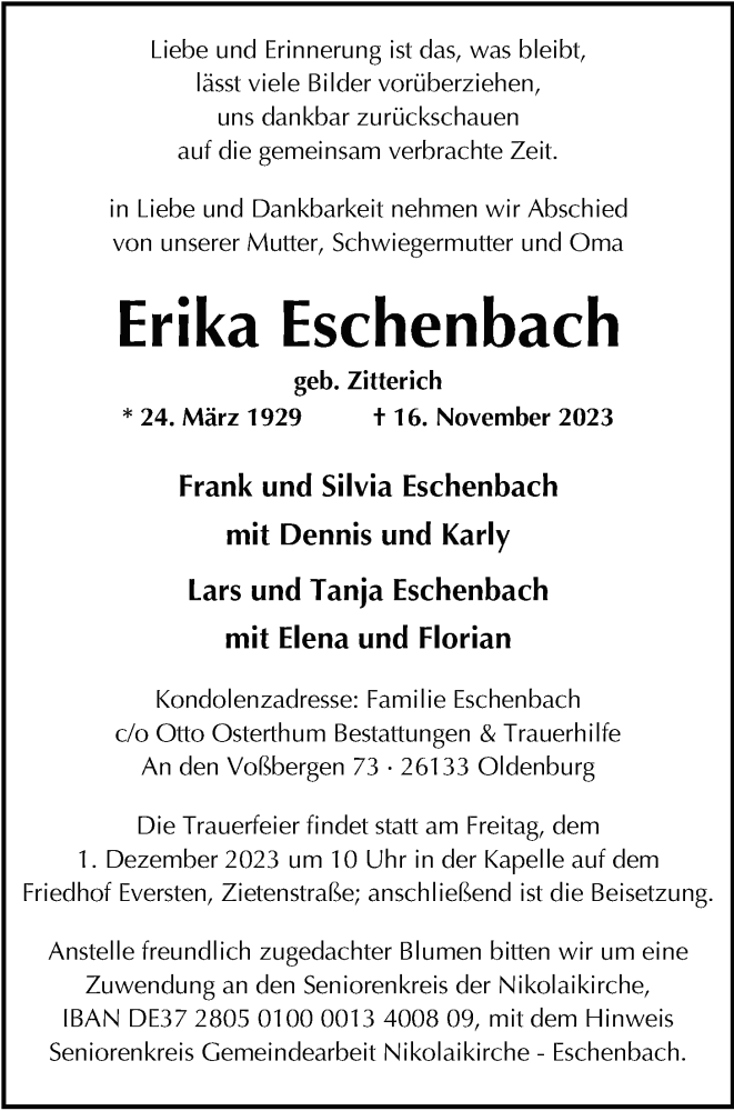  Traueranzeige für Erika Eschenbach vom 25.11.2023 aus Nordwest-Zeitung