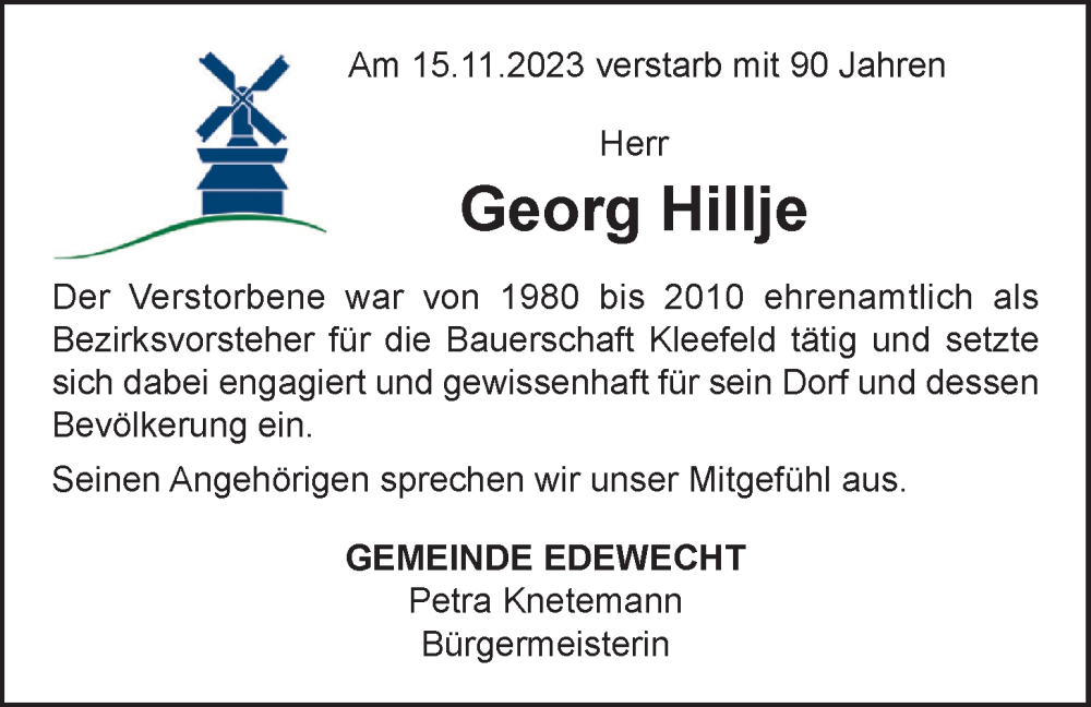  Traueranzeige für Georg Hillje vom 18.11.2023 aus Nordwest-Zeitung