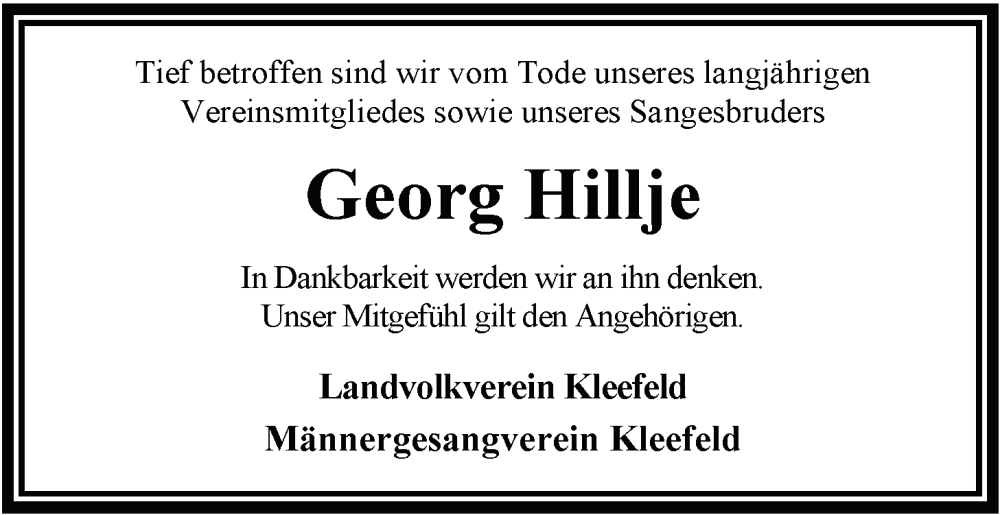  Traueranzeige für Georg Hillje vom 18.11.2023 aus Nordwest-Zeitung