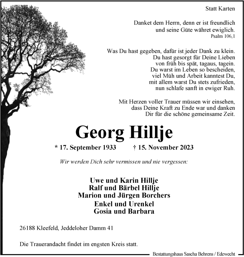  Traueranzeige für Georg Hillje vom 18.11.2023 aus Nordwest-Zeitung