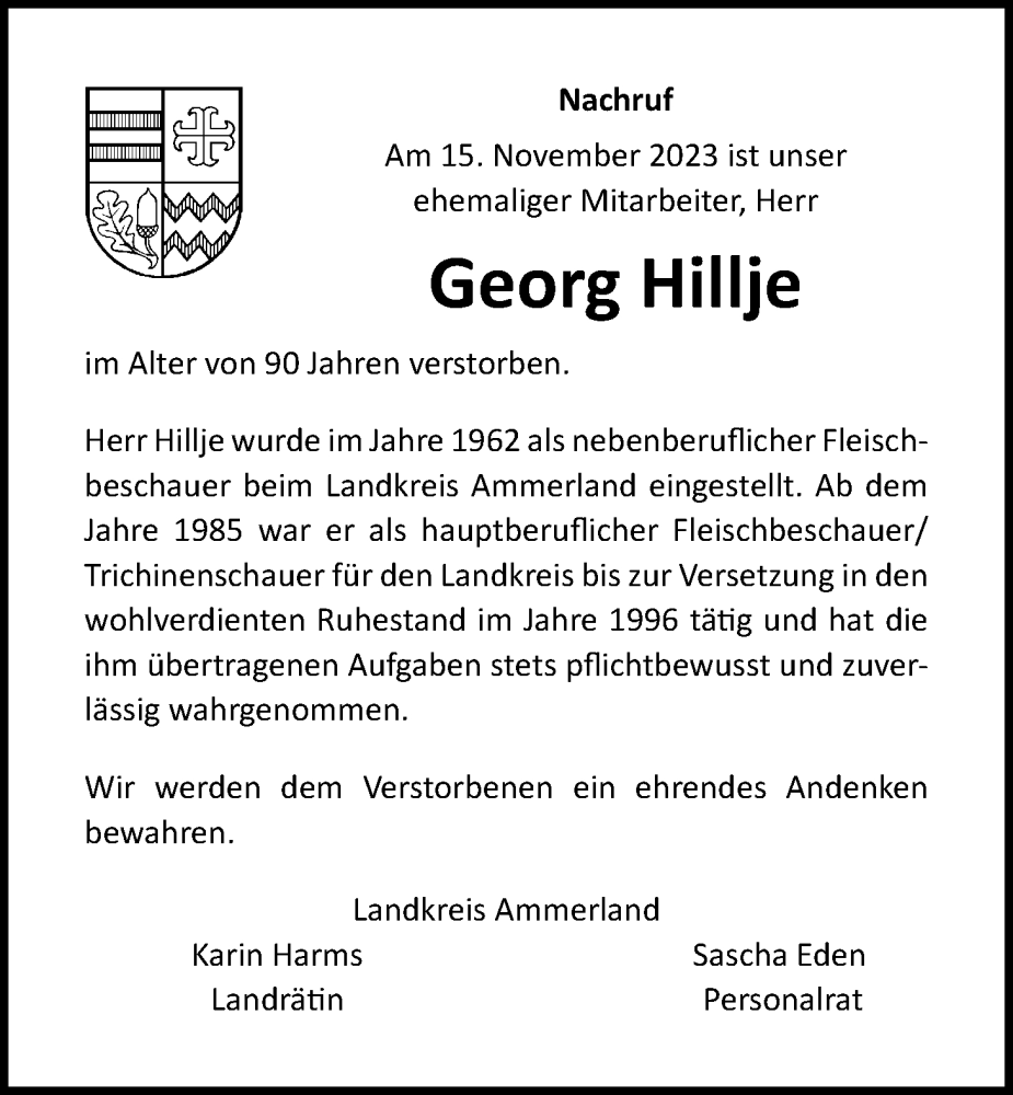  Traueranzeige für Georg Hillje vom 18.11.2023 aus Nordwest-Zeitung