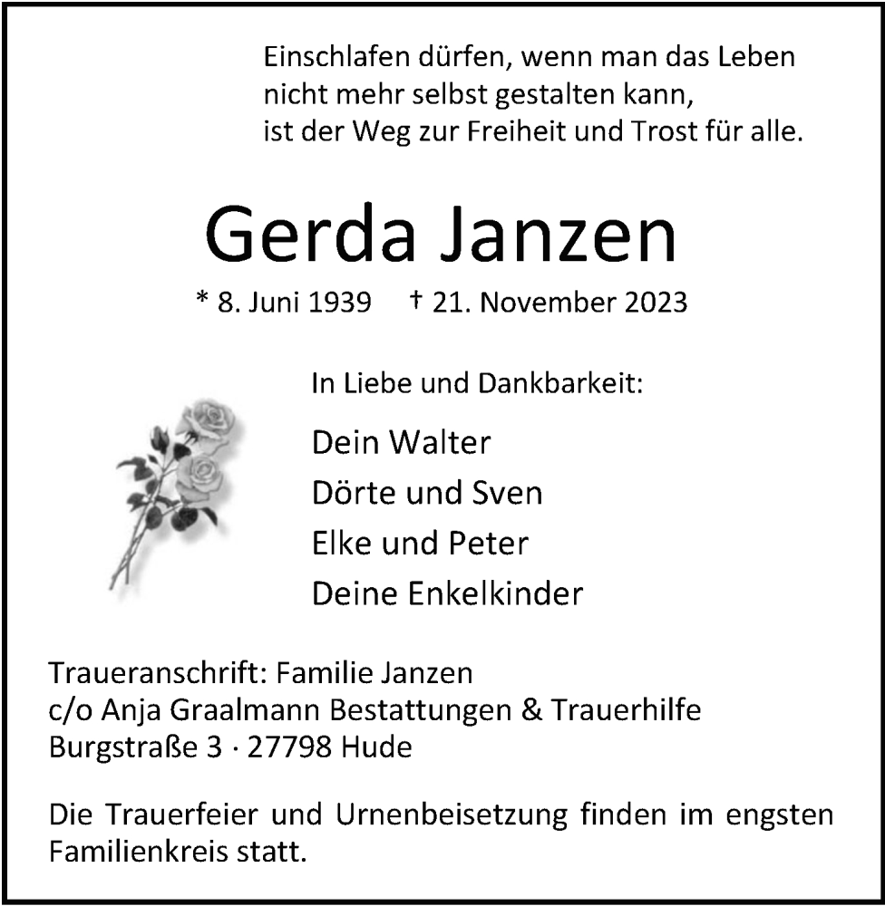  Traueranzeige für Gerda Janzen vom 25.11.2023 aus Nordwest-Zeitung