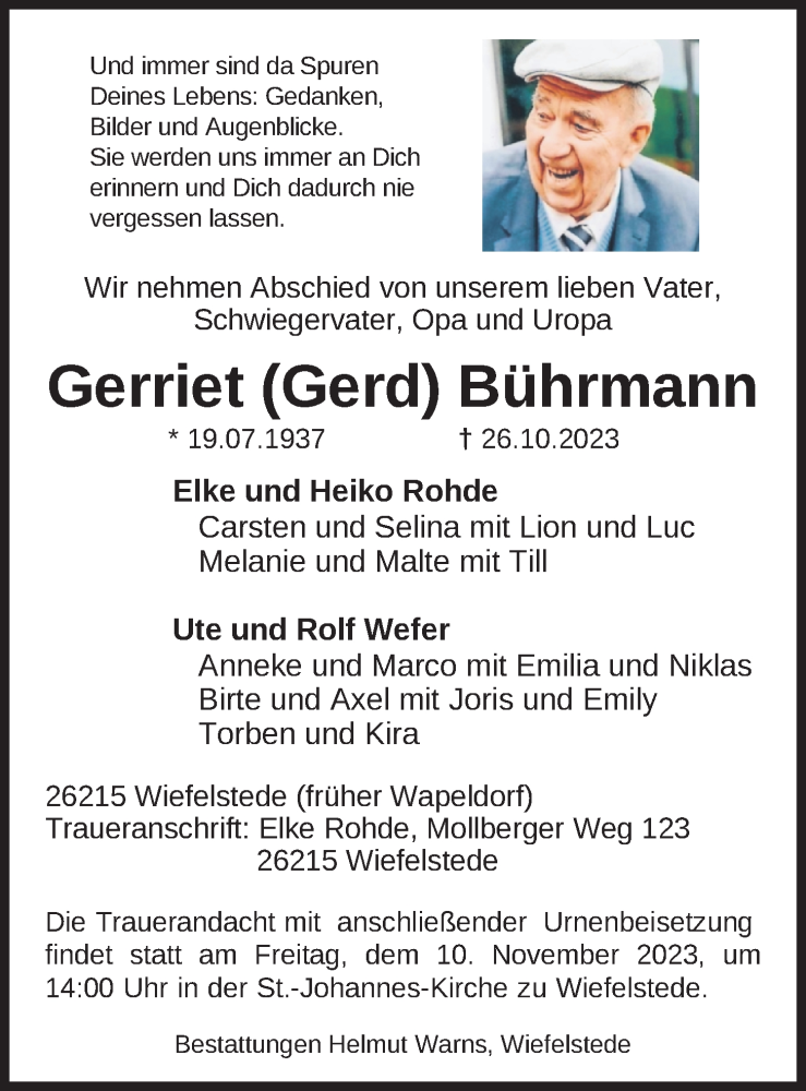  Traueranzeige für Gerriet Bührmann vom 03.11.2023 aus Nordwest-Zeitung