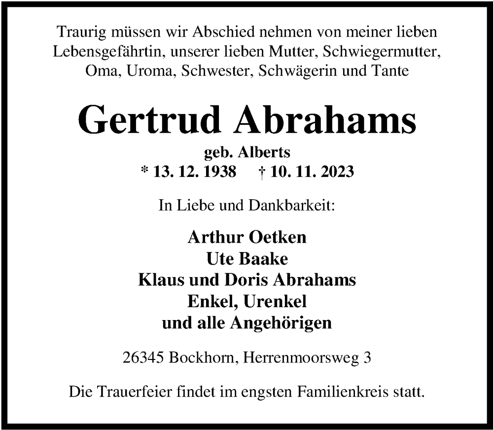  Traueranzeige für Gertrud Abrahams vom 15.11.2023 aus Nordwest-Zeitung