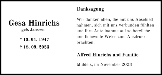 Traueranzeige von Gesa Hinrichs von WZ/JW/AH