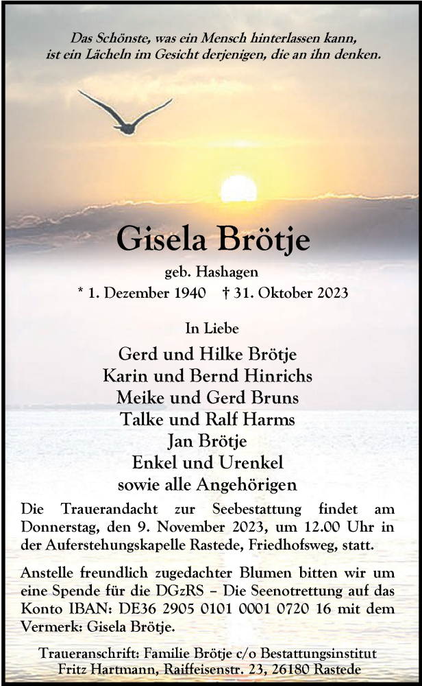  Traueranzeige für Gisela Brötje vom 04.11.2023 aus Nordwest-Zeitung