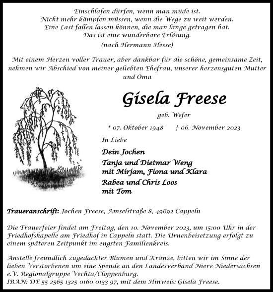 Traueranzeige von Gisela Freese von Nordwest-Zeitung
