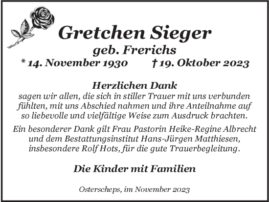 Traueranzeige von Gretchen Sieger von Nordwest-Zeitung