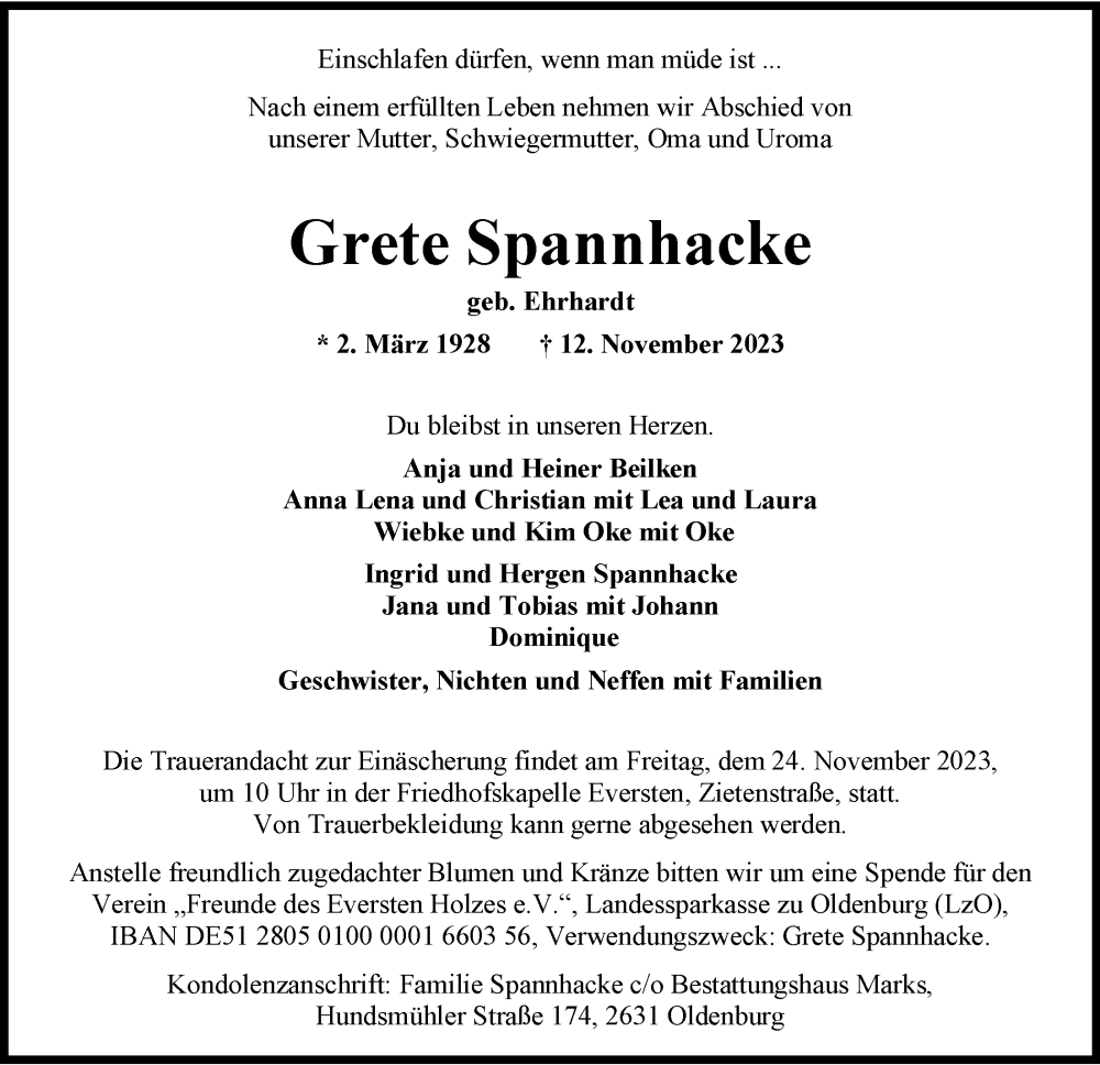  Traueranzeige für Grete Spannhacke vom 18.11.2023 aus Nordwest-Zeitung