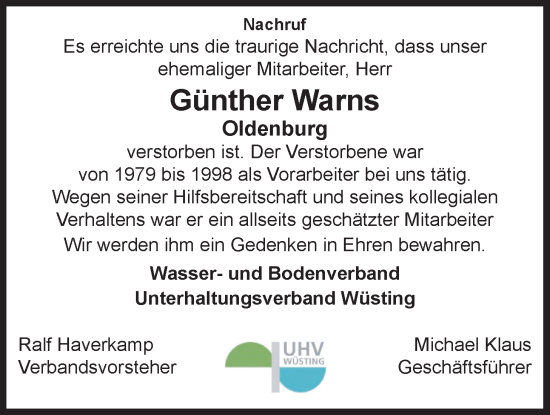 Traueranzeige von Günther Warns von Nordwest-Zeitung
