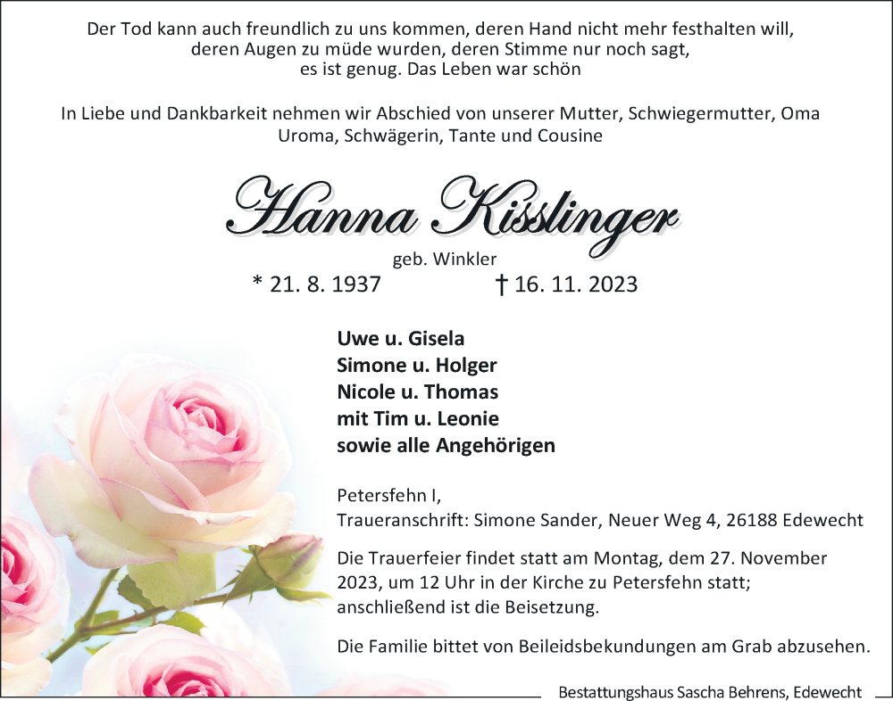  Traueranzeige für Hanna Kisslinger vom 21.11.2023 aus Nordwest-Zeitung