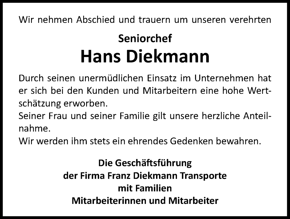  Traueranzeige für Hans Diekmann vom 29.11.2023 aus Nordwest-Zeitung