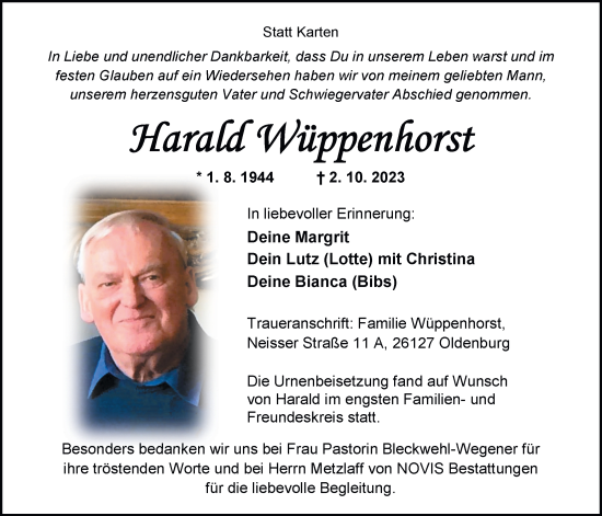 Traueranzeige von Harald Wüppenhorst von Nordwest-Zeitung