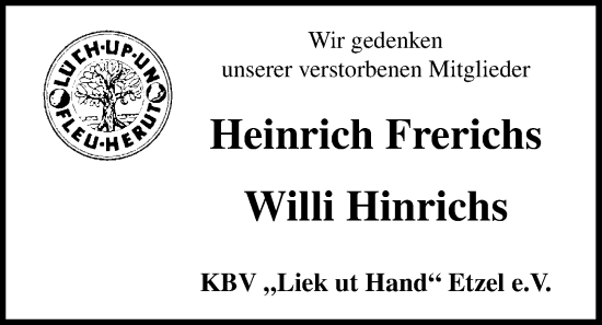 Traueranzeige von Heinrich Frerichs von WZ/JW/AH